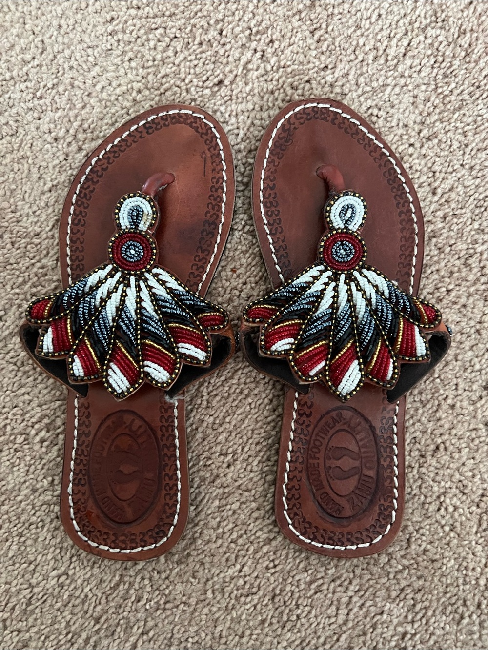 Hand-Beaded Red Multi-Accent Leather Thong Sandals